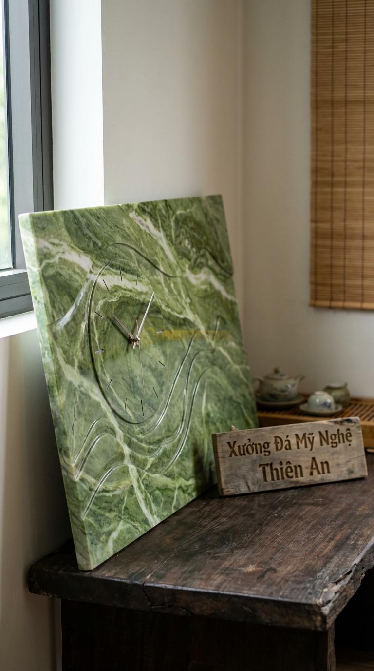 Đồng Hồ Treo Tường Đá Nghệ Thuật Đá Xanh Ấn Tranh Đá Quý (Kết hợp đồng hồ và tranh phong cảnh) 60cm x 90cm