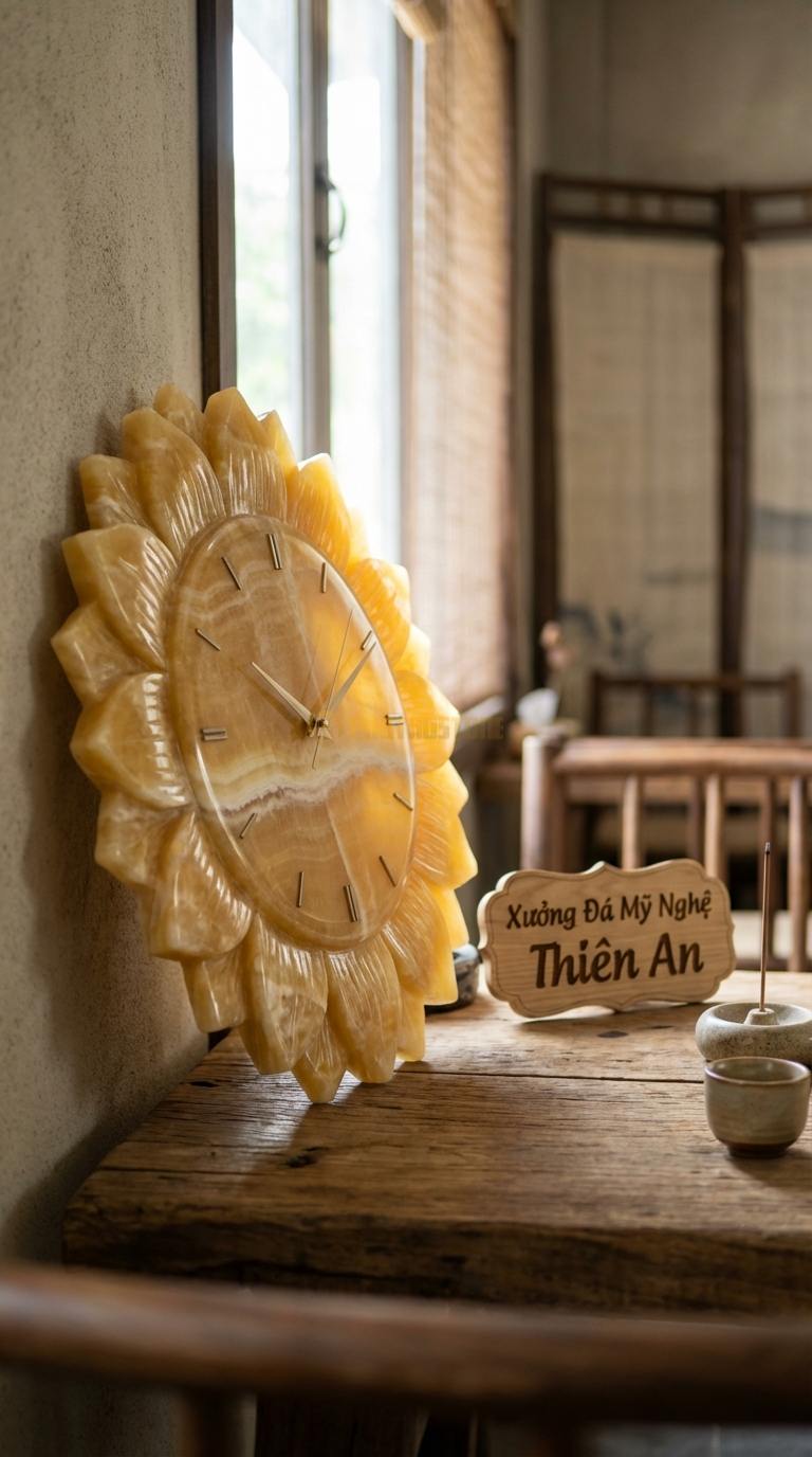 Đồng Hồ Treo Tường Đá Nghệ Thuật Ngọc hoàng long Cánh Hoa Hướng Dương (Cánh đá xếp tầng) Đường kính 60cm