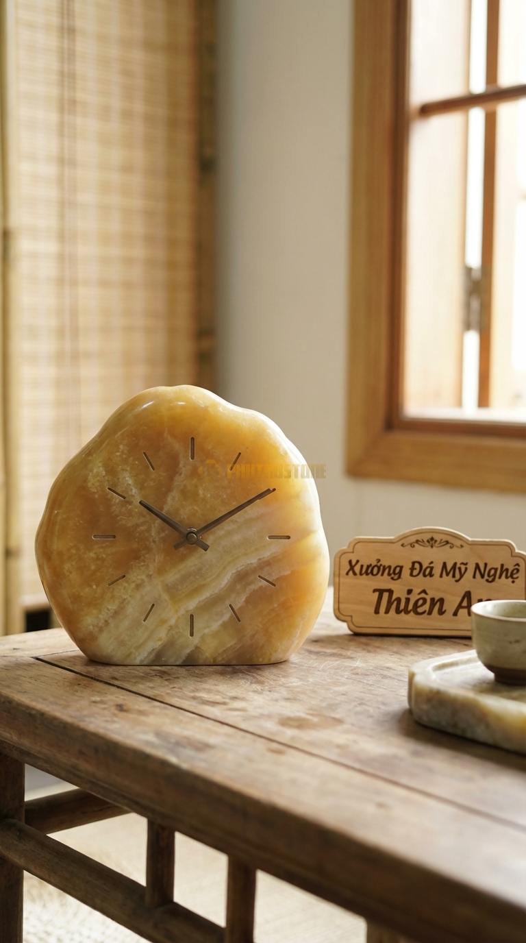 Đồng Hồ Treo Tường Đá Nghệ Thuật Ngọc hoàng long Đồng Hồ Kết Hợp Đèn LED (Phát sáng viền đá) Đường kính 55cm