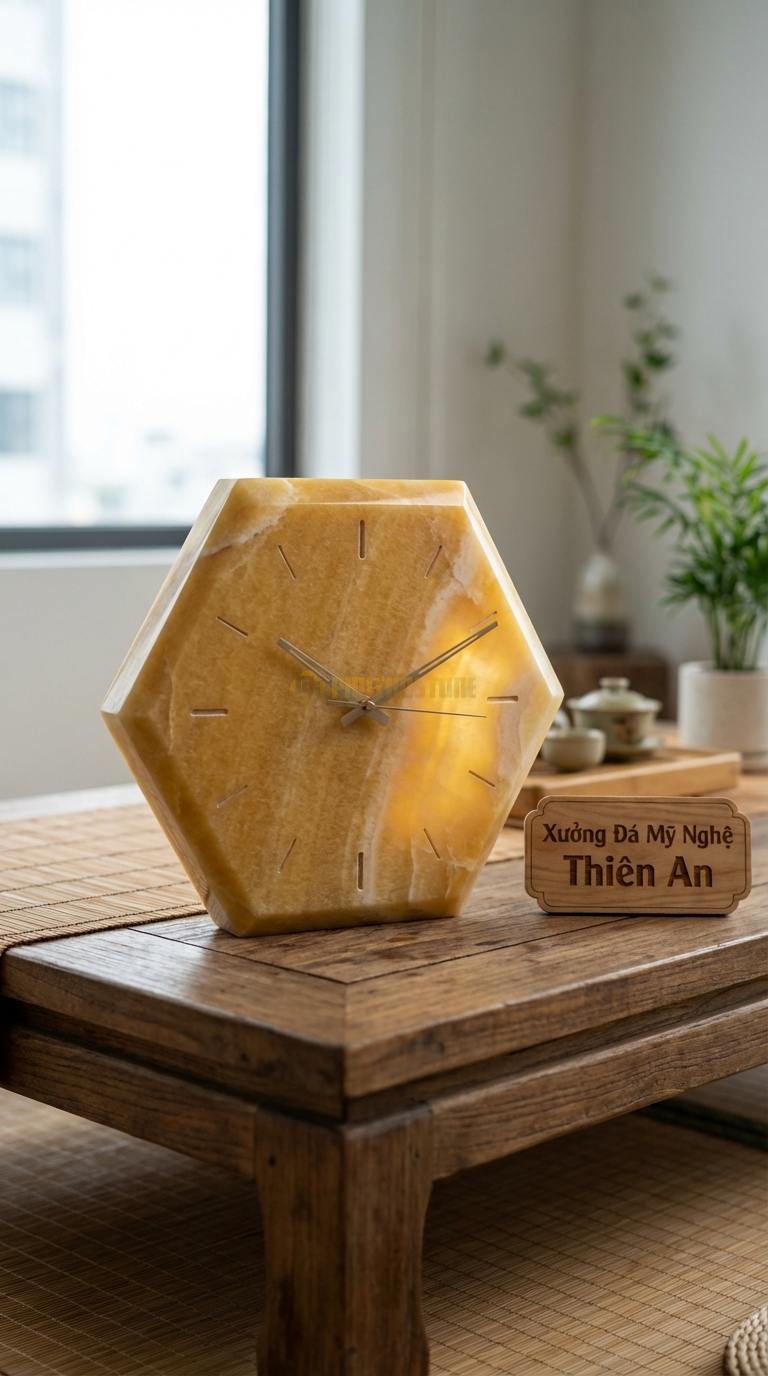 Đồng Hồ Treo Tường Đá Nghệ Thuật Ngọc hoàng long Lục Giác Hiện Đại (Cạnh vát kim cương) 35cm x 35cm