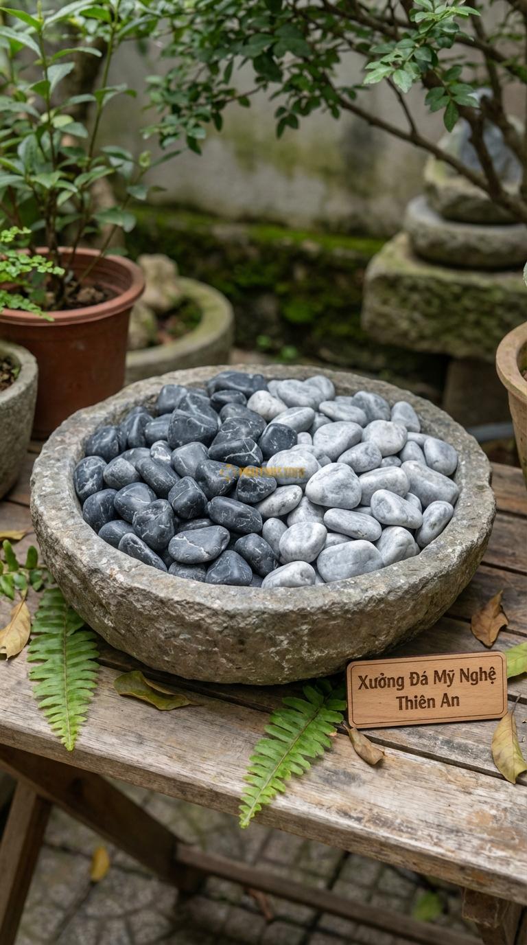 Sỏi Mix 2 loại sỏi đen quay, Ghi xám quay Tỉ lệ (50, 50). Size 1-2cm
