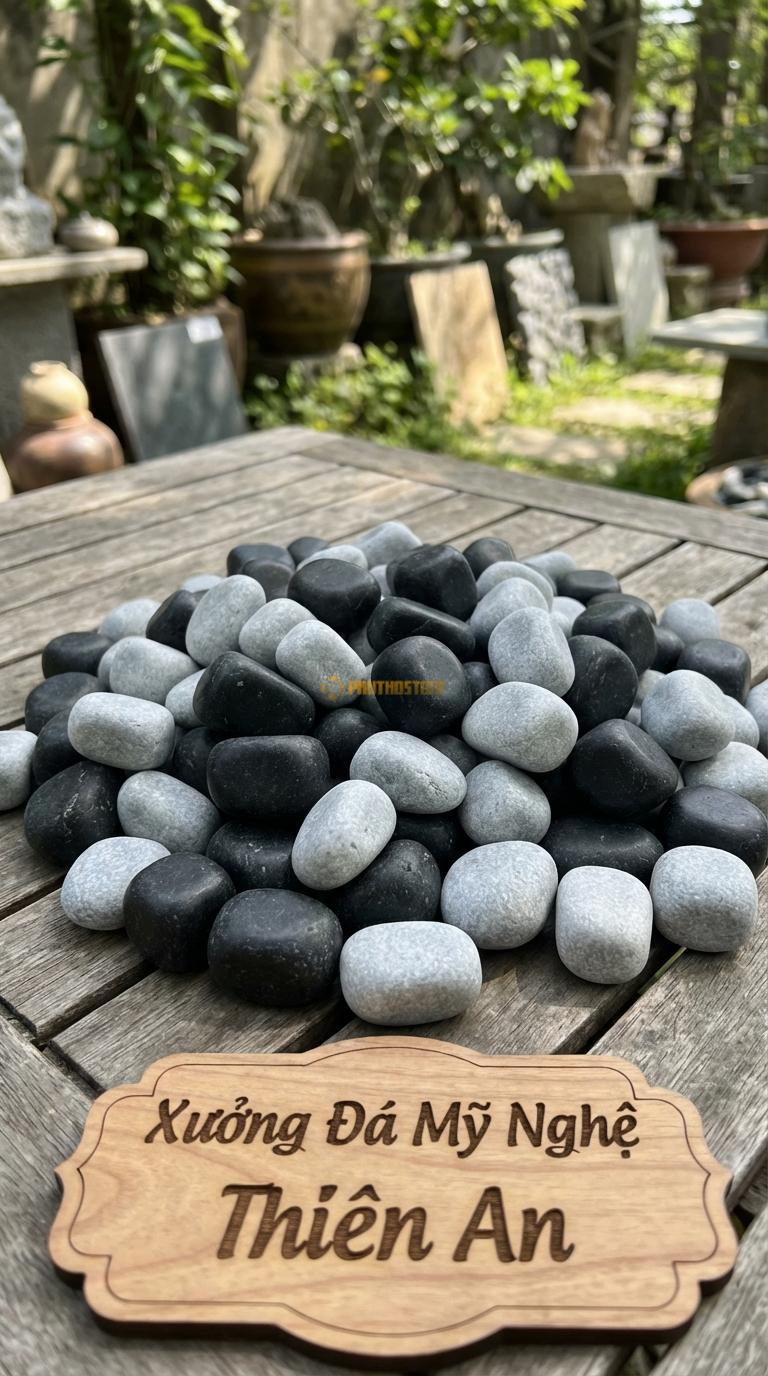 Sỏi Mix 2 loại sỏi đen quay, Ghi xám quay Tỉ lệ (50, 50). Size 2-3cm