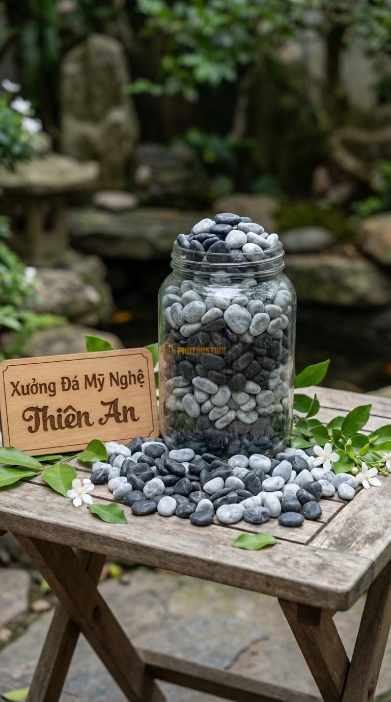 Sỏi Mix 2 loại sỏi đen quay, Ghi xám quay Tỉ lệ (50, 50). Size 3-5mm