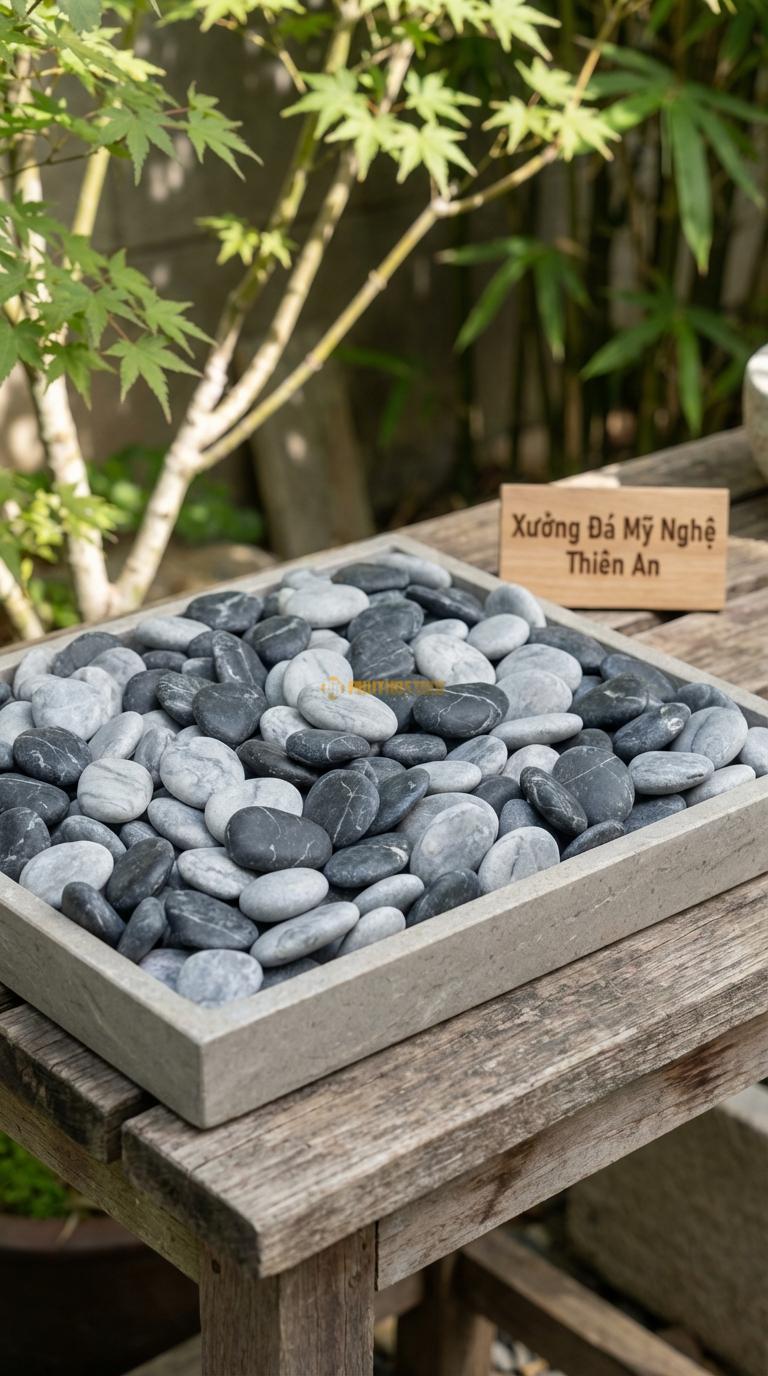 Sỏi Mix 2 loại sỏi đen quay, Ghi xám quay Tỉ lệ (50, 50). Size 7-9mm