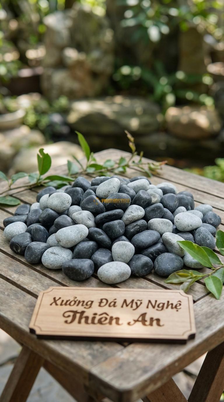 Sỏi Mix 2 loại sỏi đen quay, Ghi xám quay Tỉ lệ (70, 30). Size 1-2cm