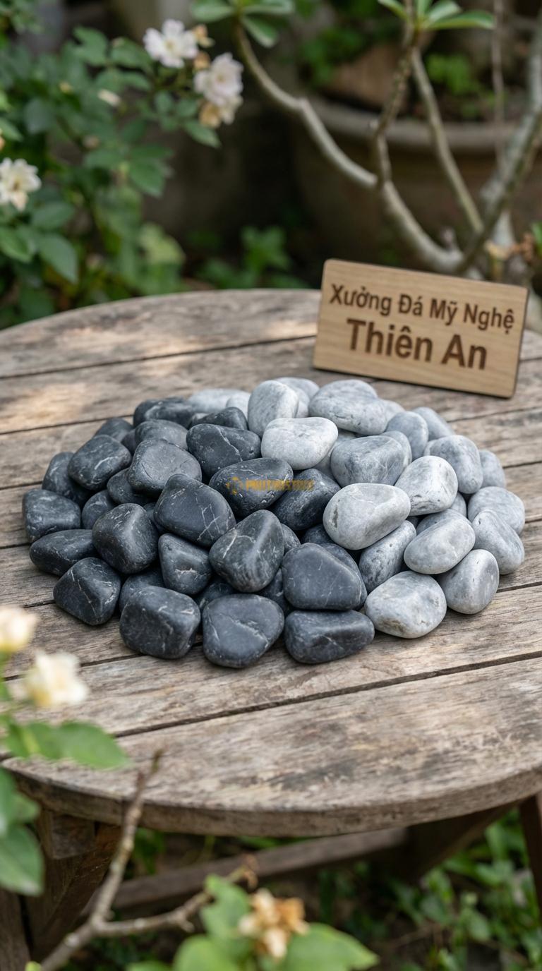 Sỏi Mix 2 loại sỏi đen quay, Ghi xám quay Tỉ lệ (70, 30). Size 2-4cm