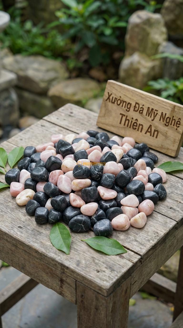 Sỏi Mix 2 loại sỏi đen quay, Hồng quay Tỉ lệ (70, 30). Size 1-2cm