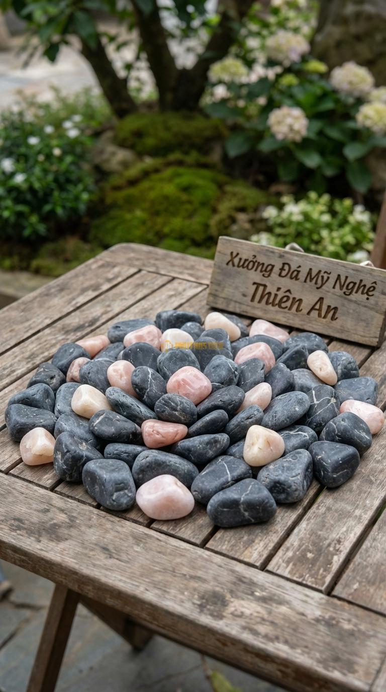 Sỏi Mix 2 loại sỏi đen quay, Hồng quay Tỉ lệ (70, 30). Size 3-5cm