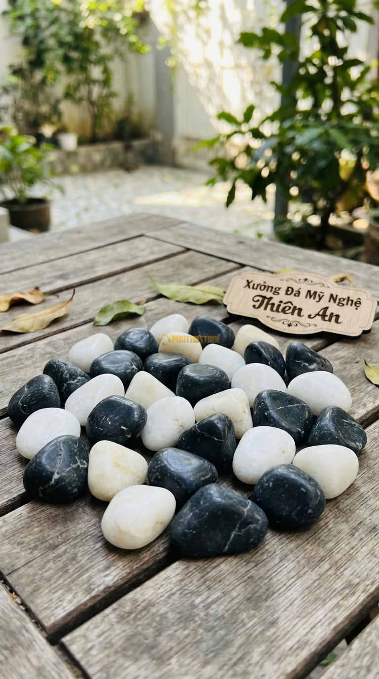 Sỏi Mix 2 loại sỏi đen quay, Trắng quay Tỉ lệ (60, 40). Size 1-2cm
