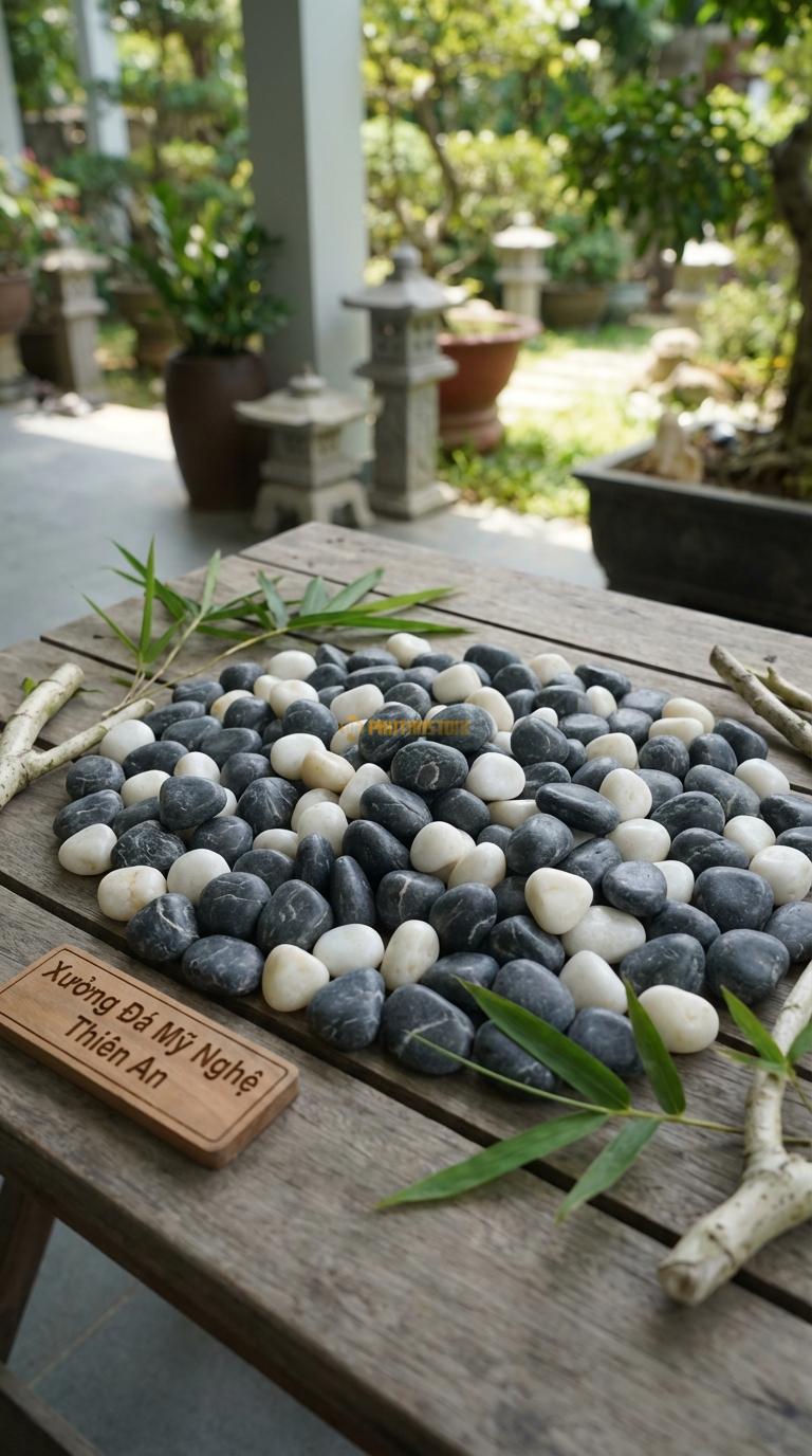 Sỏi Mix 2 loại sỏi đen quay, Trắng quay Tỉ lệ (70, 30). Size 2-4cm