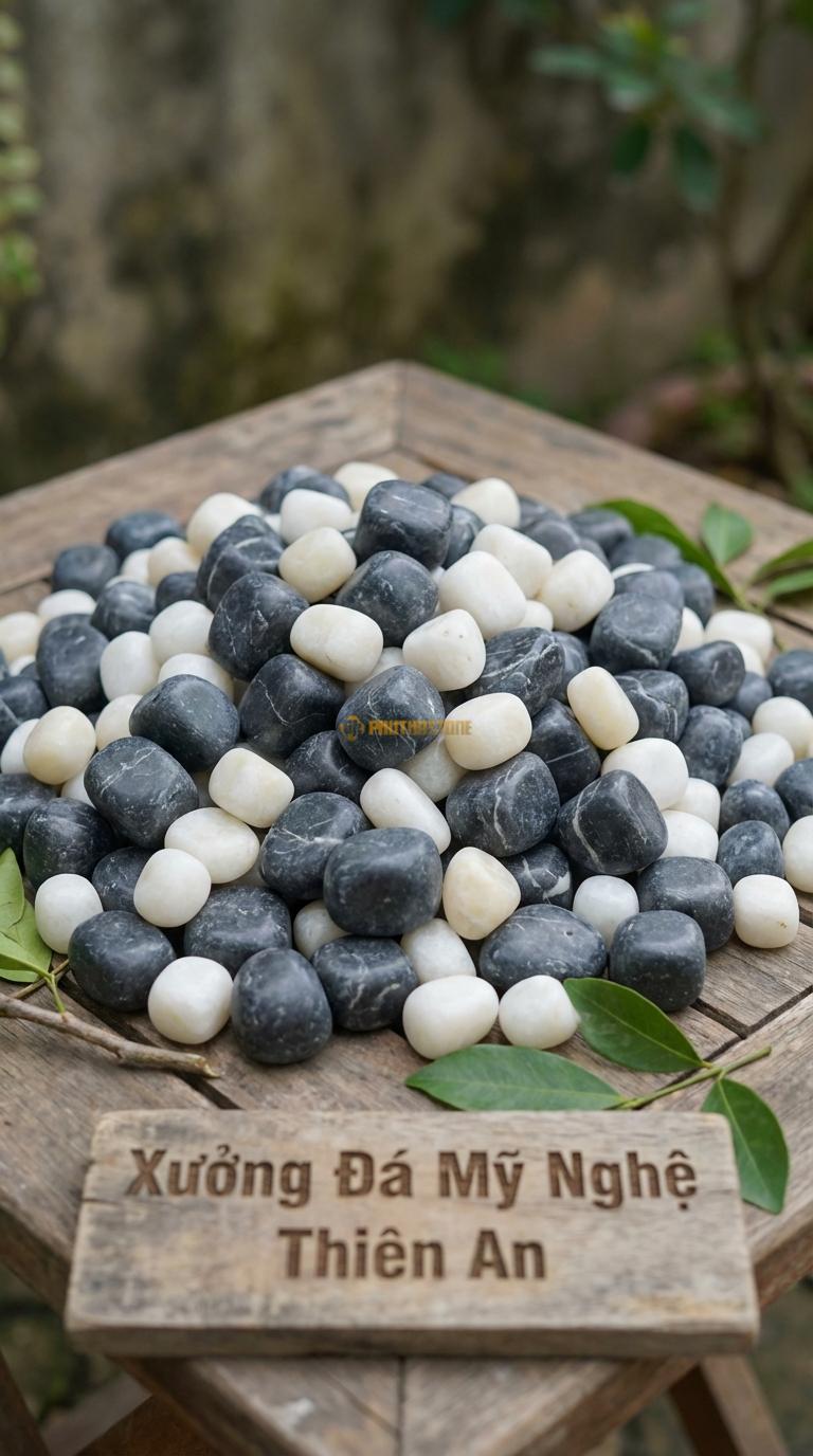 Sỏi Mix 2 loại sỏi đen quay, Trắng quay Tỉ lệ (70, 30). Size 7-9mm