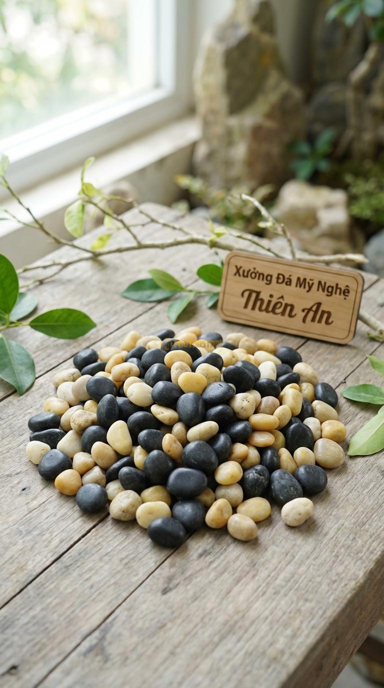 Sỏi Mix 2 loại sỏi đen quay, Vàng quay Tỉ lệ (60, 40). Size 2-4cm