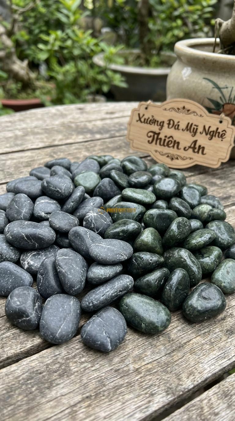 Sỏi Mix 2 loại sỏi đen quay, Xanh rêu Tỉ lệ (50, 50). Size 1-2cm
