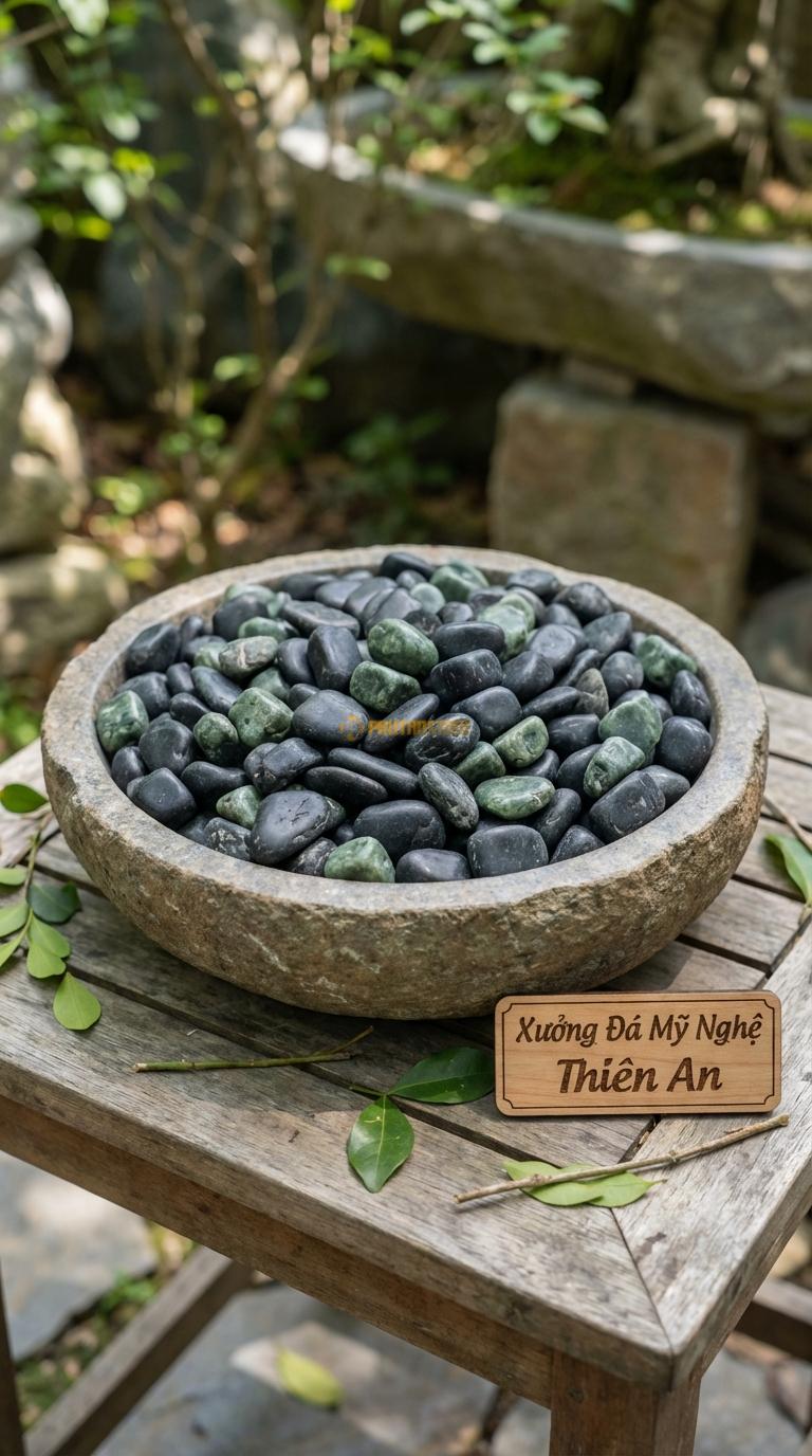Sỏi Mix 2 loại sỏi đen quay, Xanh rêu Tỉ lệ (70, 30). Size 2-3cm