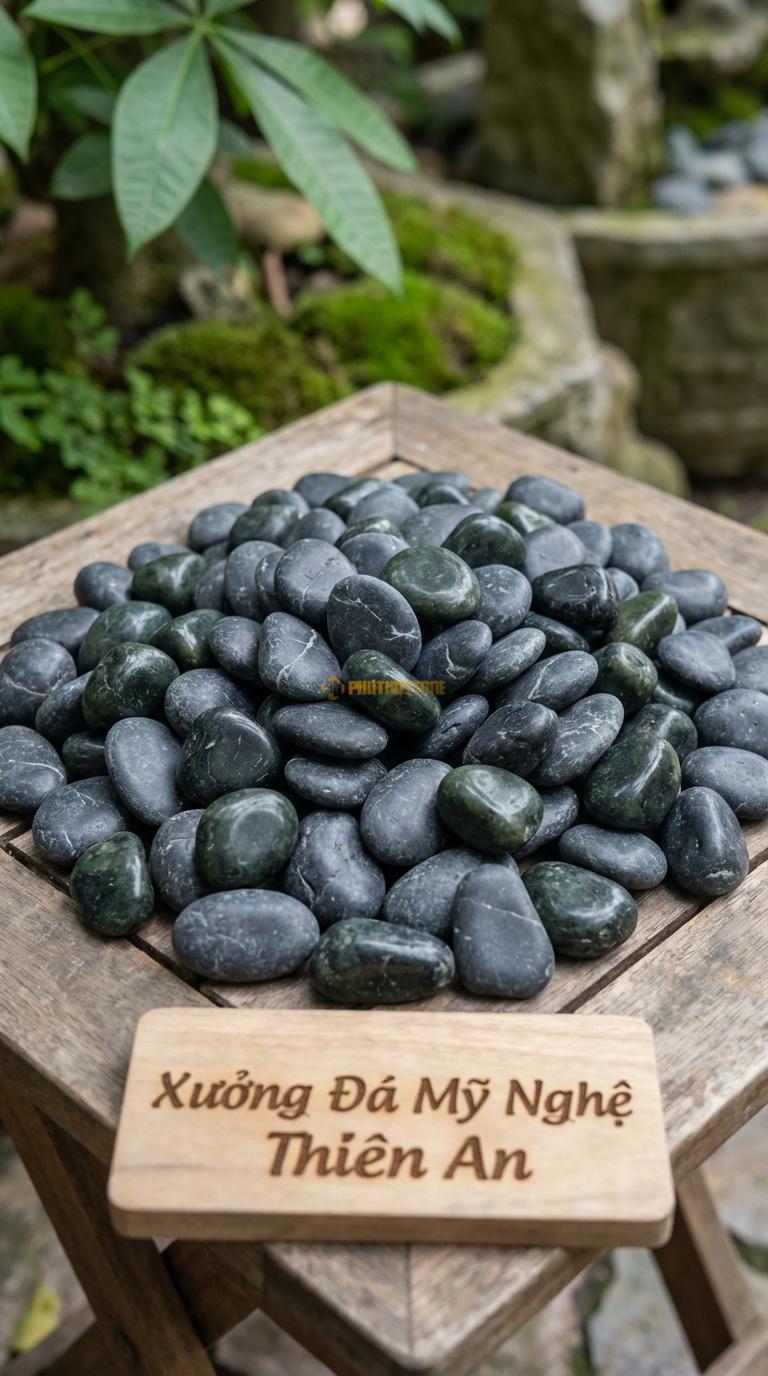 Sỏi Mix 2 loại sỏi đen quay, Xanh rêu Tỉ lệ (80, 20). Size 1-2cm