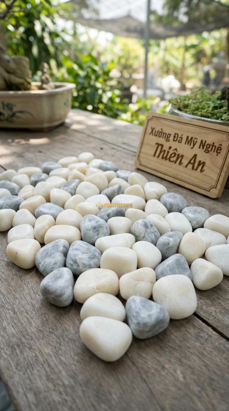 Sỏi Mix 2. Trắng quay, Ghi xám quay Tỉ lệ (70, 30). Size 2-4cm
