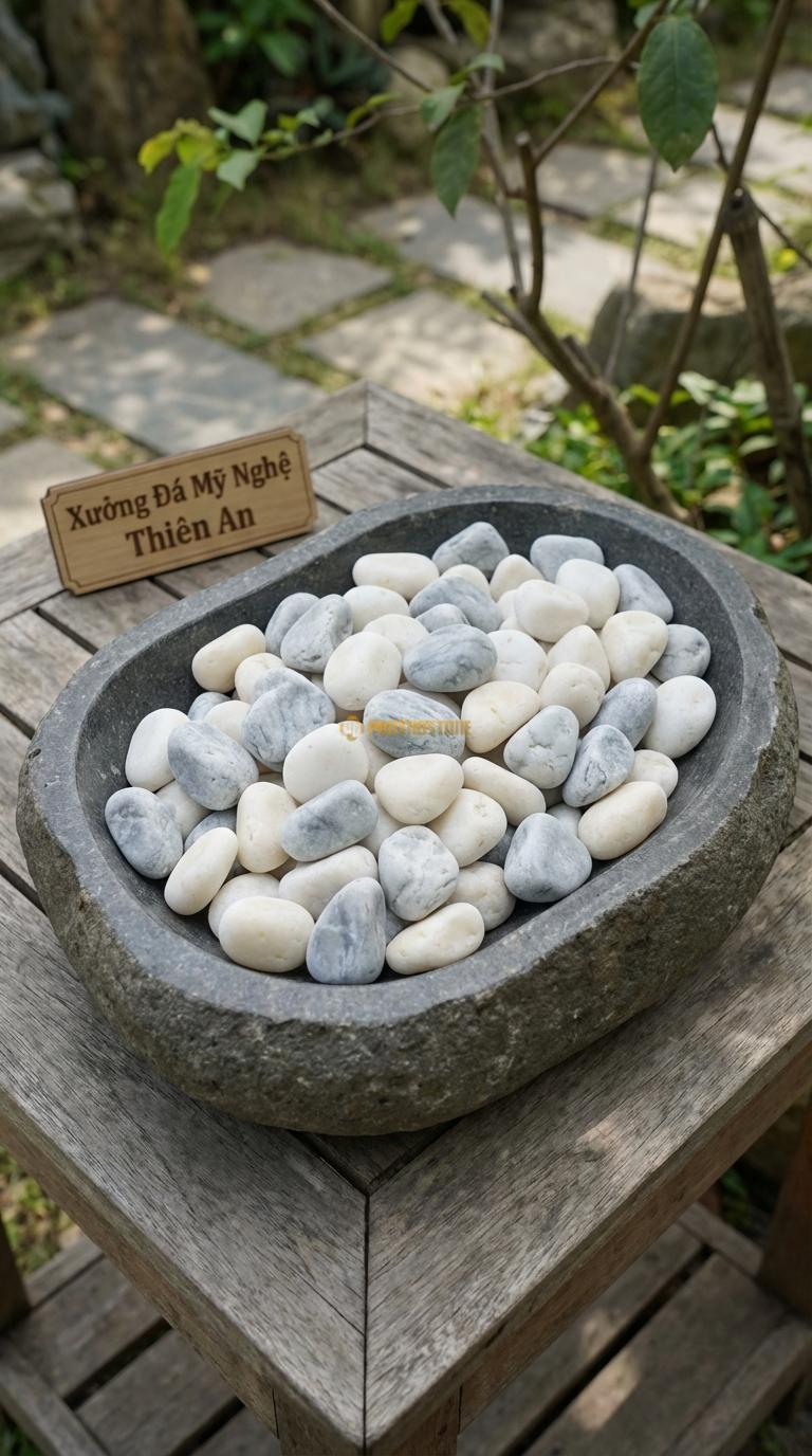 Sỏi Mix 2. Trắng quay, Ghi xám quay Tỉ lệ (70, 30). Size 3-5cm