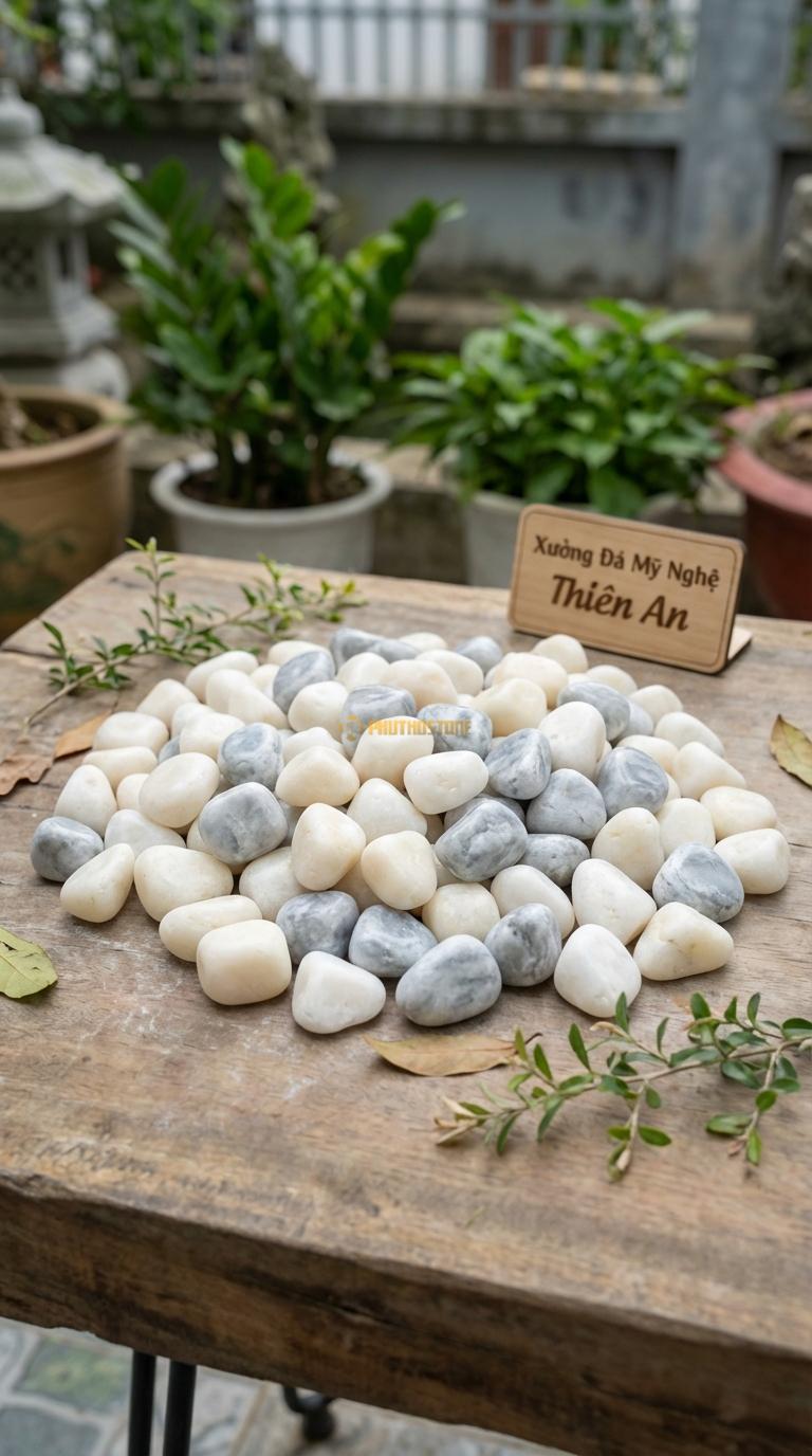 Sỏi Mix 2. Trắng quay, Ghi xám quay Tỉ lệ (80, 20). Size 1-2cm