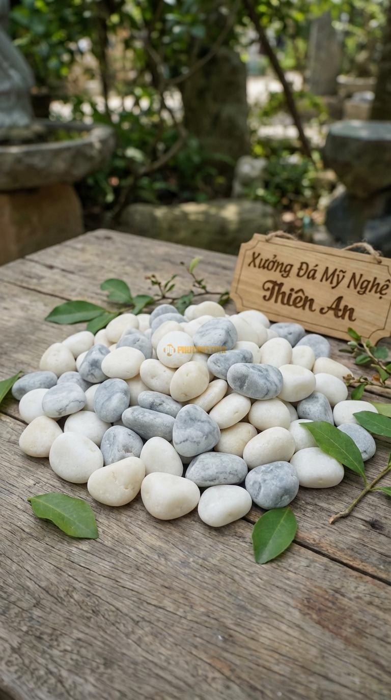 Sỏi Mix 2. Trắng quay, Ghi xám quay Tỉ lệ (80, 20). Size 2-4cm