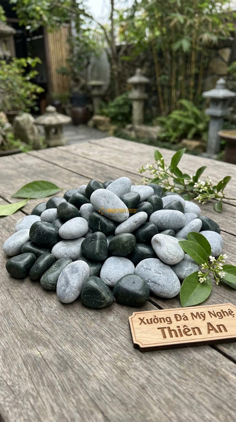 Sỏi Mix 2. Xanh rêu, Ghi xám quay Tỉ lệ (50, 50). Size 1-2cm