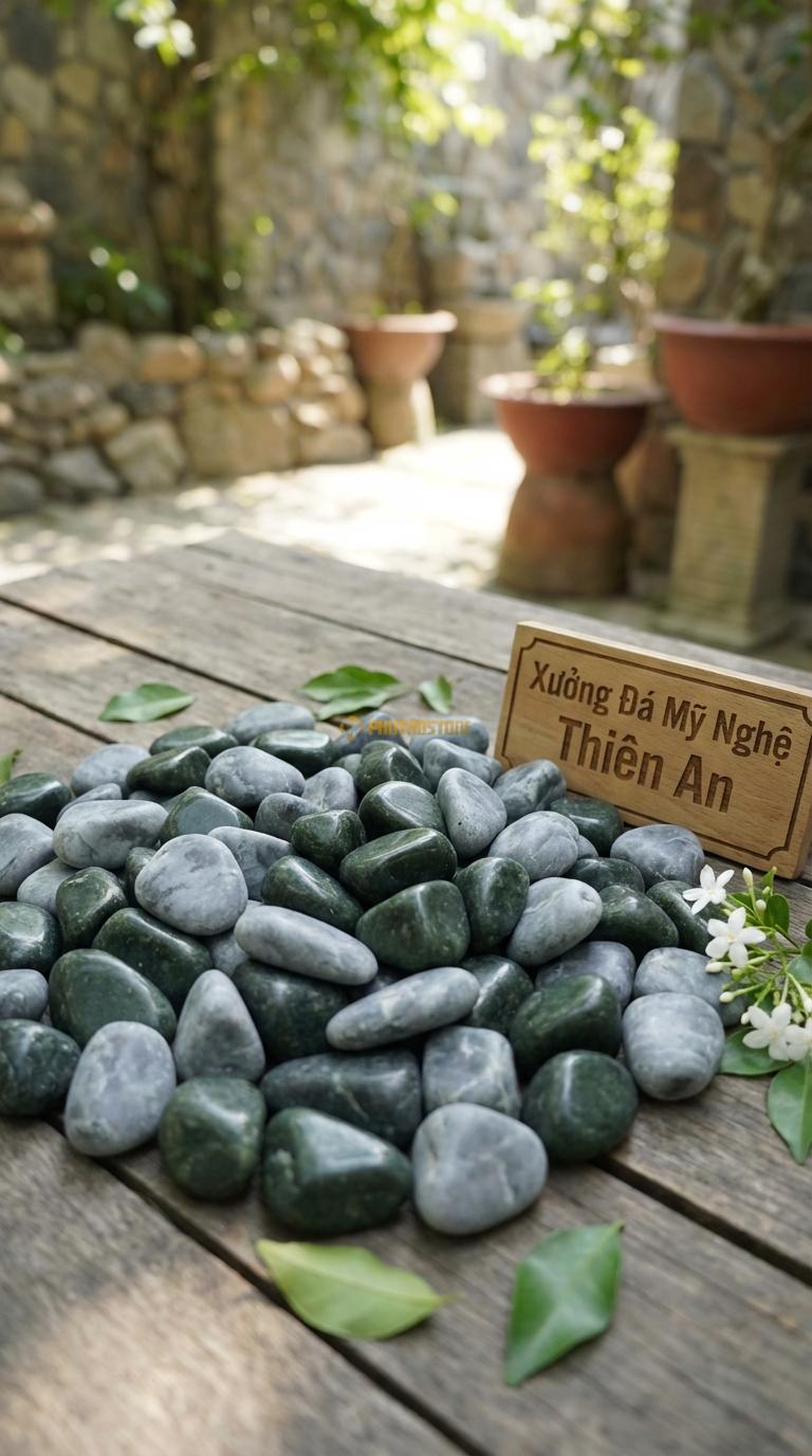 Sỏi Mix 2. Xanh rêu, Ghi xám quay Tỉ lệ (50, 50). Size 2-3cm