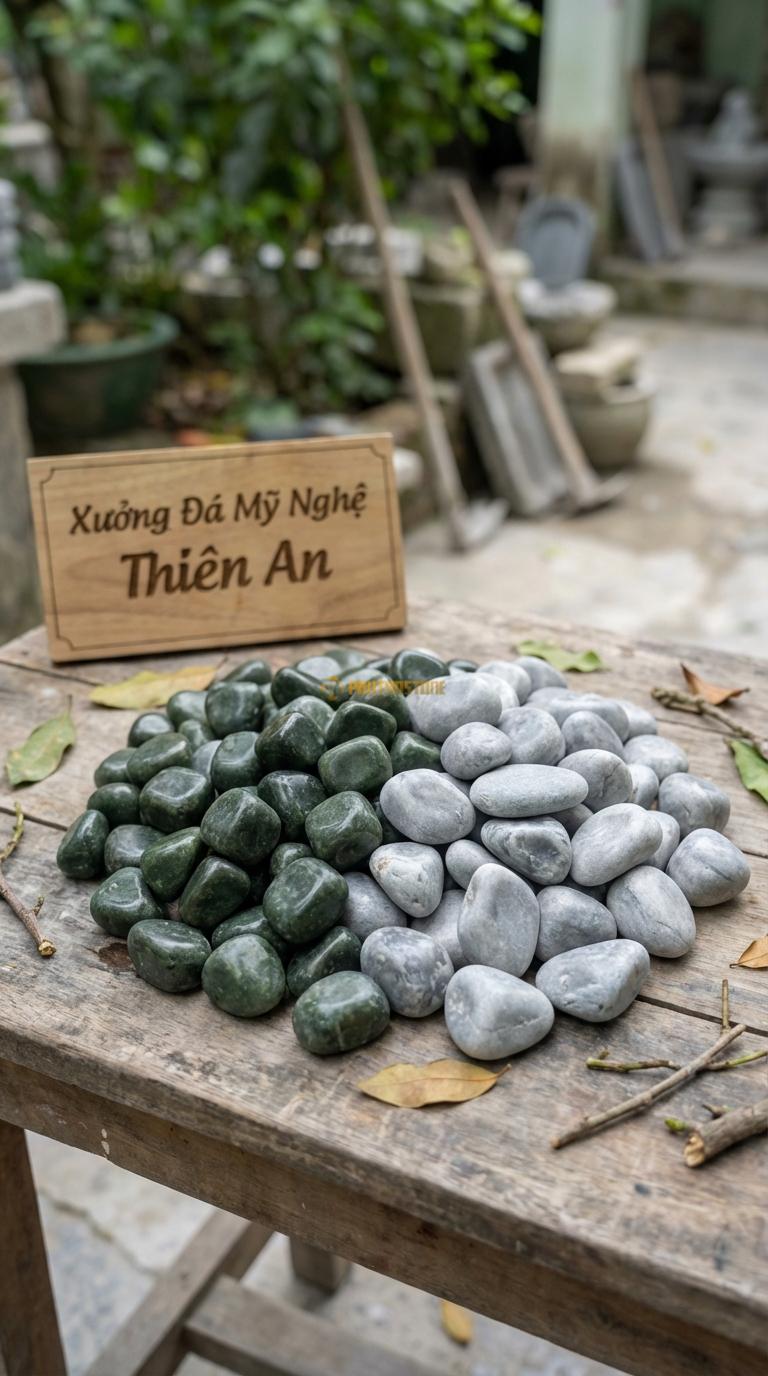 Sỏi Mix 2. Xanh rêu, Ghi xám quay Tỉ lệ (50, 50). Size 3-5mm