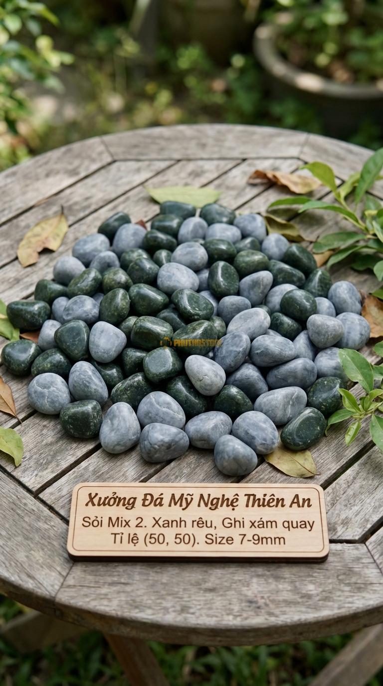 Sỏi Mix 2. Xanh rêu, Ghi xám quay Tỉ lệ (50, 50). Size 7-9mm