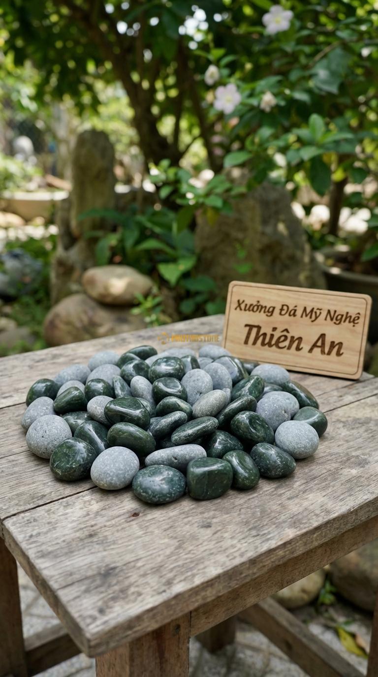 Sỏi Mix 2. Xanh rêu, Ghi xám quay Tỉ lệ (60, 40). Size 2-4cm