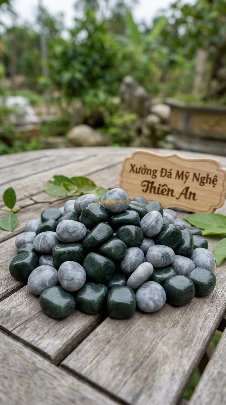 Sỏi Mix 2. Xanh rêu, Ghi xám quay Tỉ lệ (60, 40). Size 7-9mm