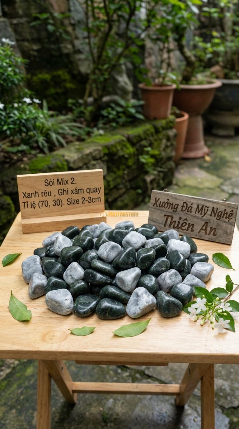 Sỏi Mix 2. Xanh rêu, Ghi xám quay Tỉ lệ (70, 30). Size 2-3cm