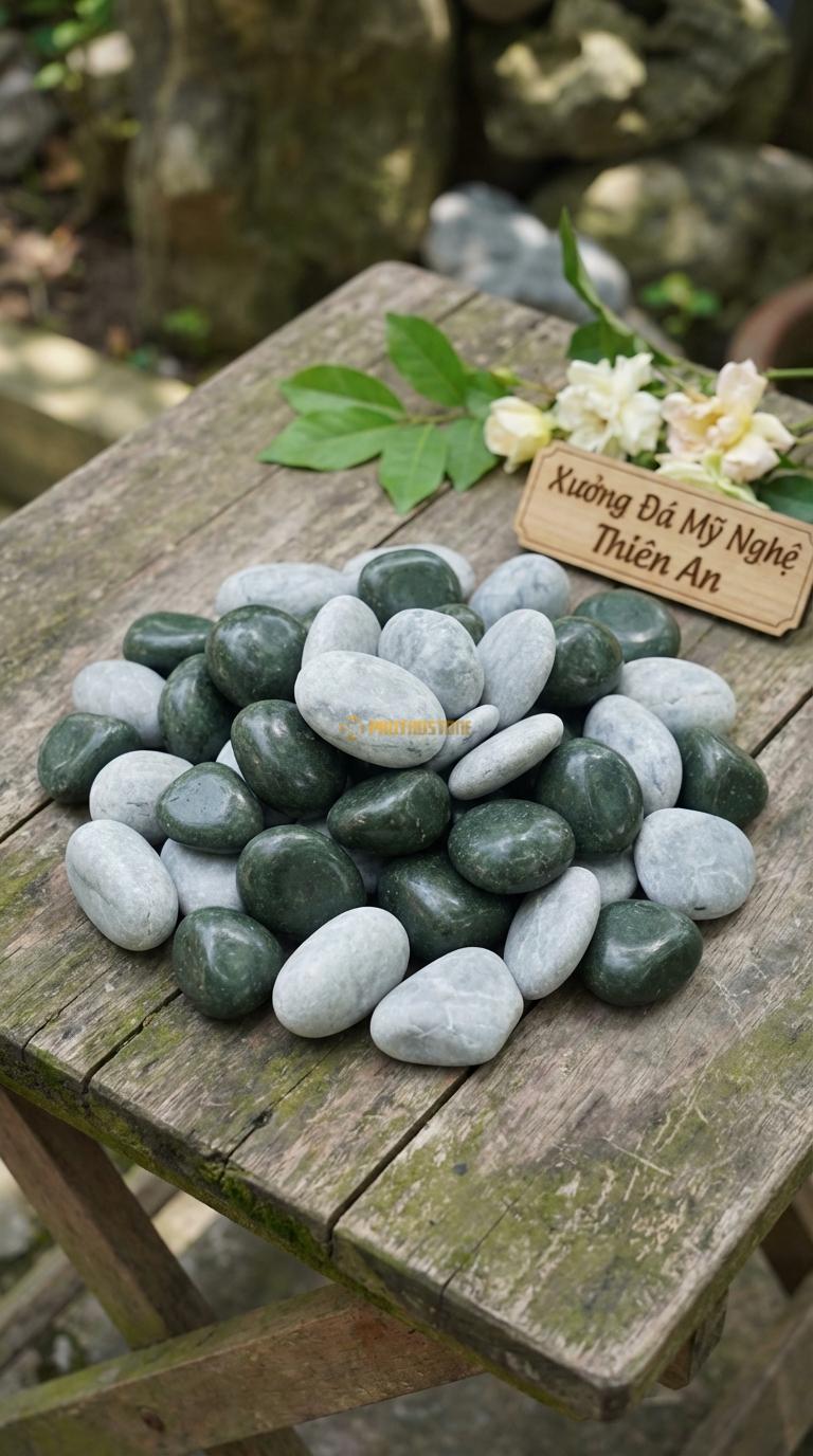 Sỏi Mix 2. Xanh rêu, Ghi xám quay Tỉ lệ (70, 30). Size 2-4cm