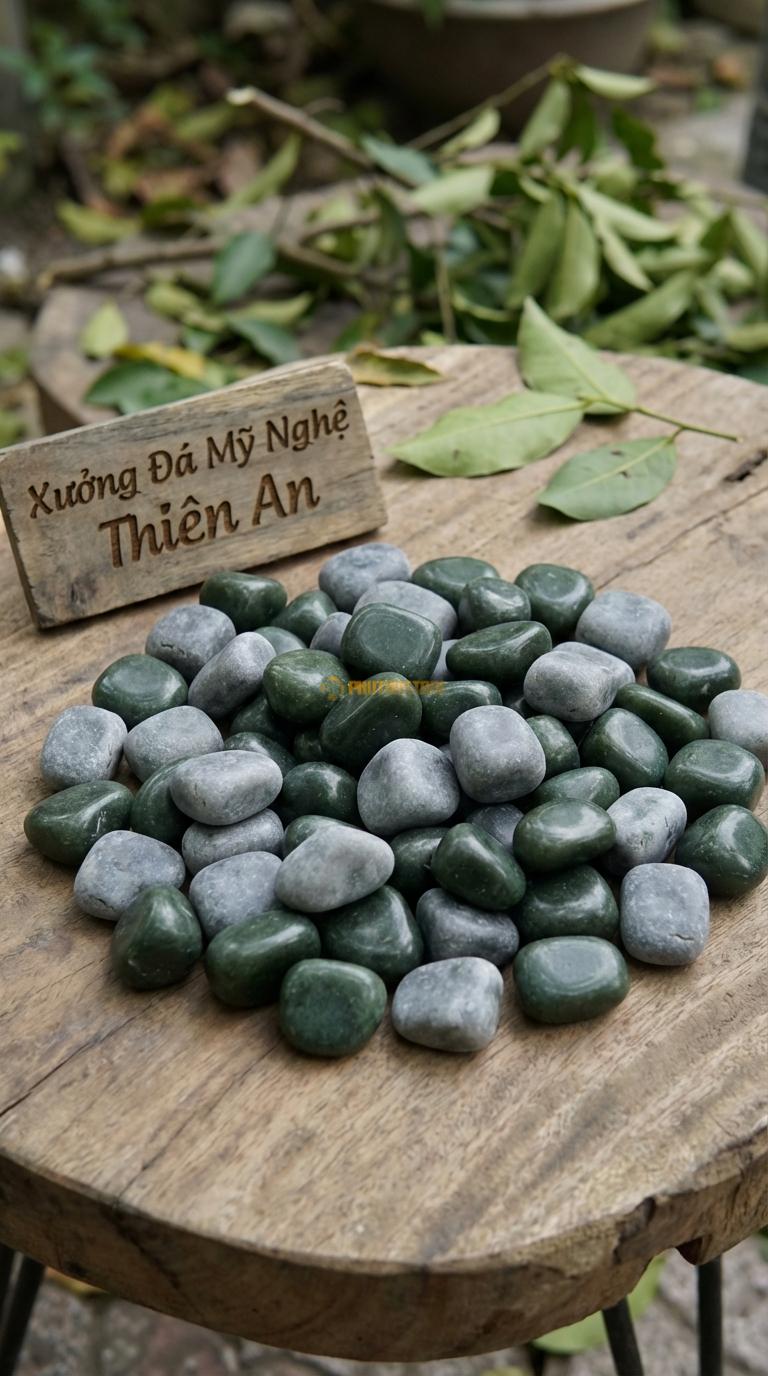Sỏi Mix 2. Xanh rêu, Ghi xám quay Tỉ lệ (70, 30). Size 3-5mm