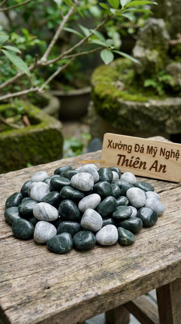 Sỏi Mix 2. Xanh rêu, Ghi xám quay Tỉ lệ (80, 20). Size 1-2cm