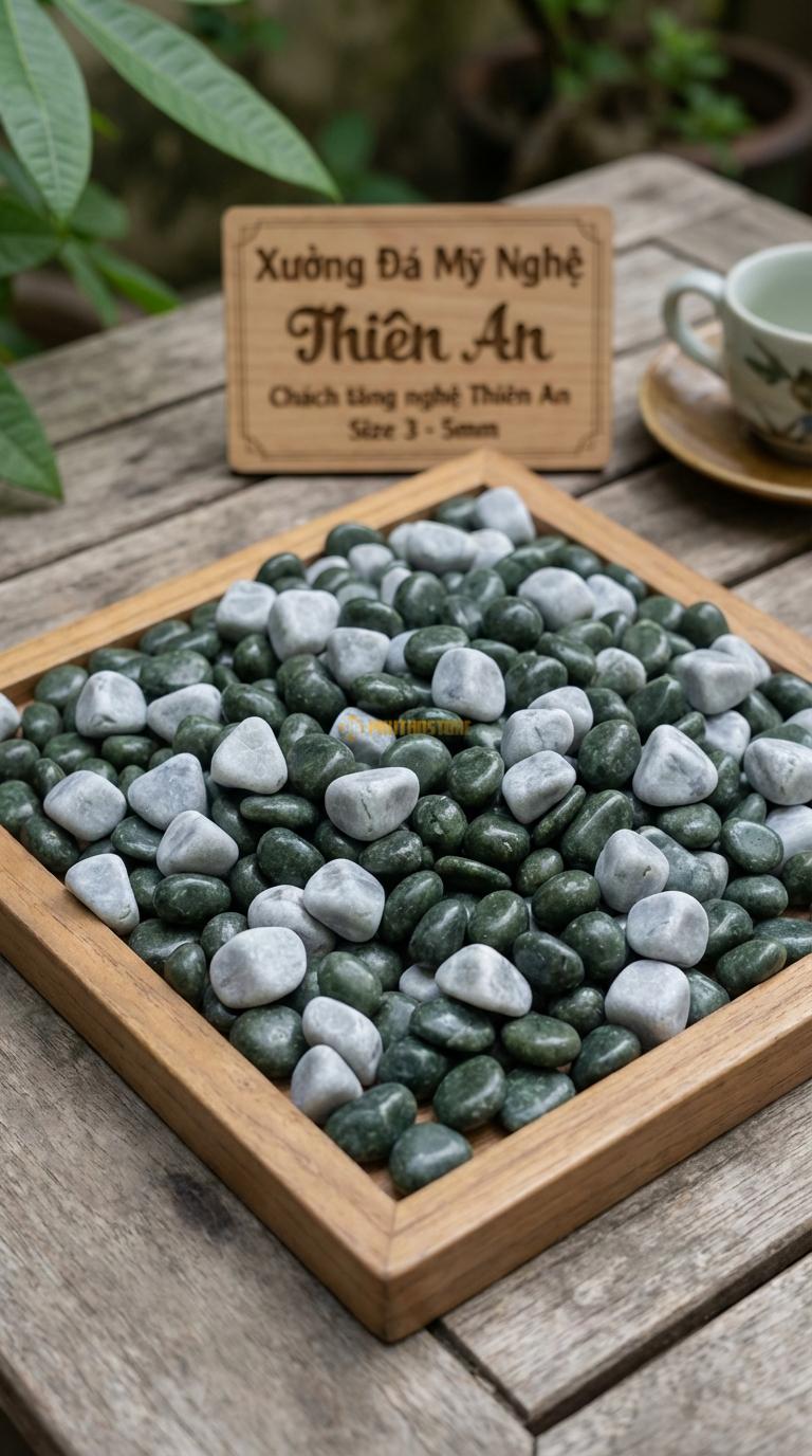Sỏi Mix 2. Xanh rêu, Ghi xám quay Tỉ lệ (80, 20). Size 3-5mm