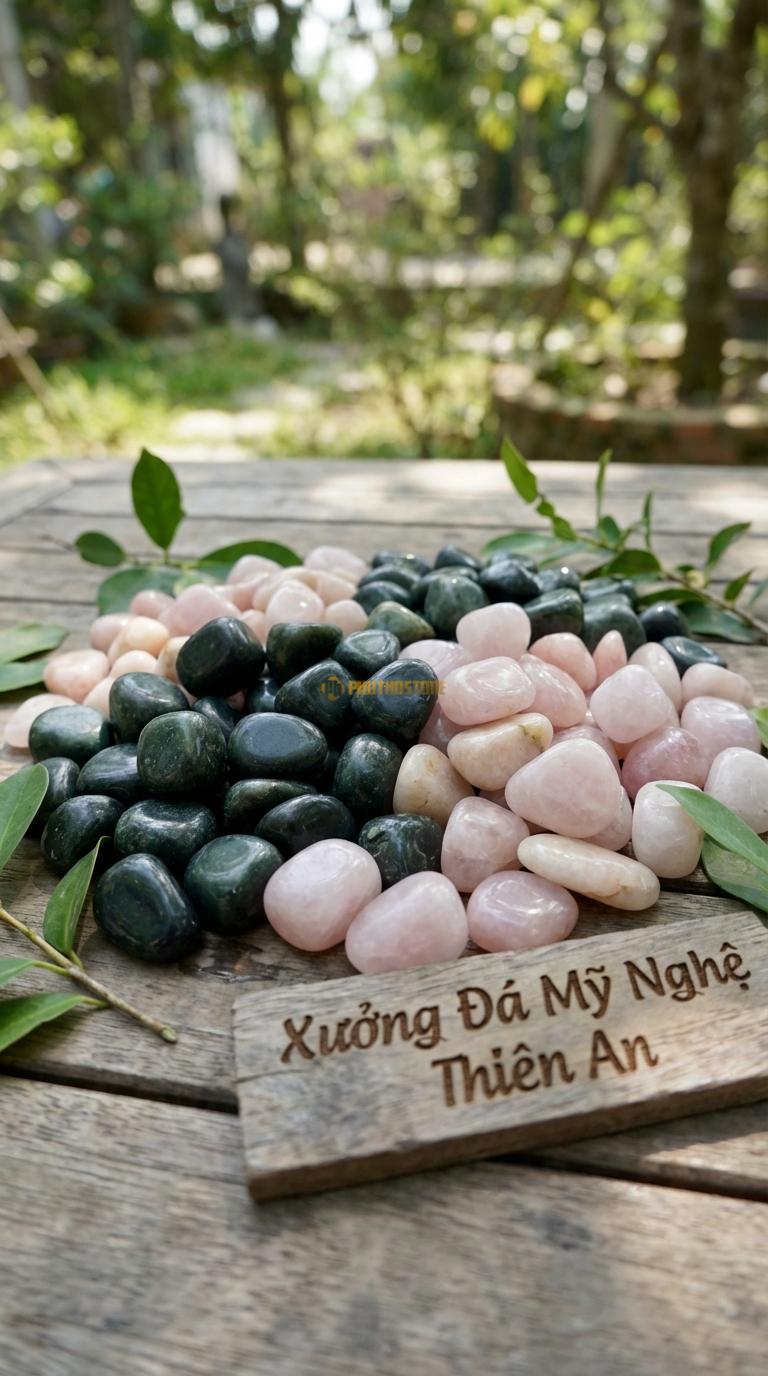 Sỏi Mix 2. Xanh rêu, Hồng quay Tỉ lệ (50, 50). Size 1-2cm