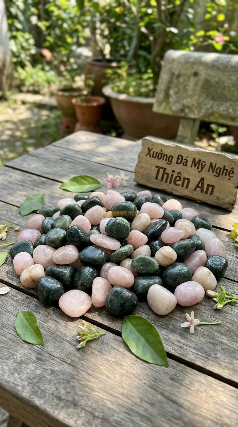 Sỏi Mix 2. Xanh rêu, Hồng quay Tỉ lệ (50, 50). Size 2-3cm