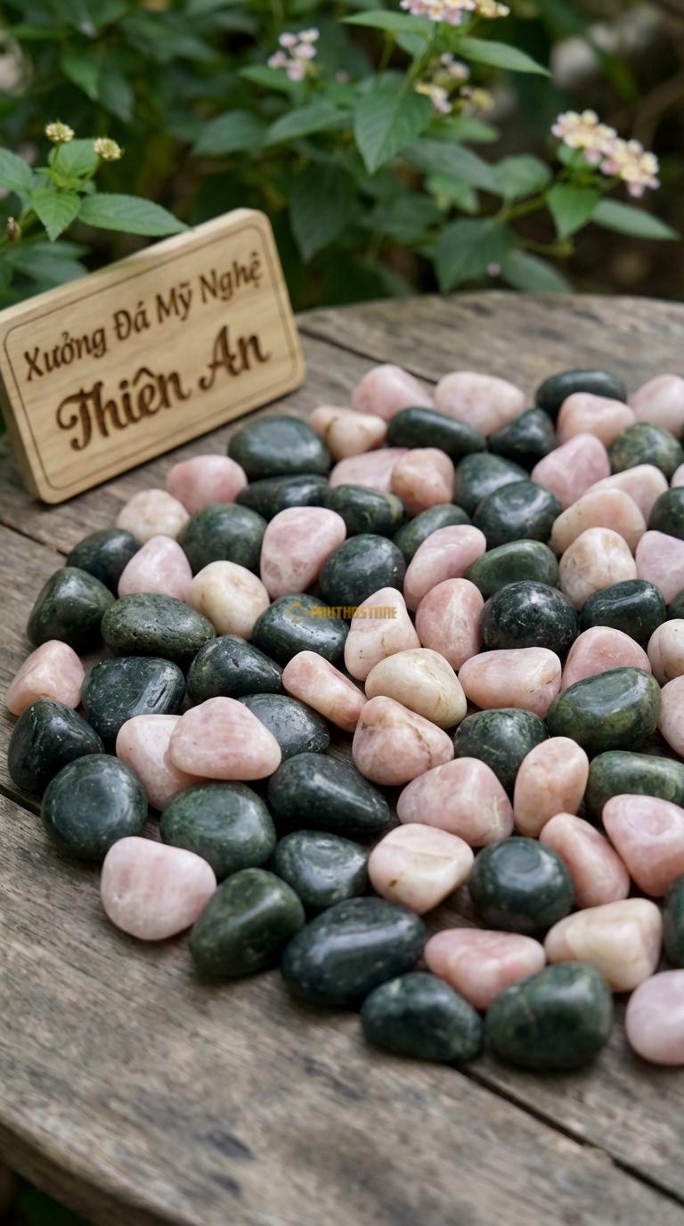 Sỏi Mix 2. Xanh rêu, Hồng quay Tỉ lệ (50, 50). Size 3-5cm