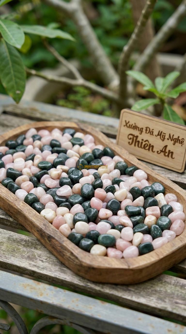 Sỏi Mix 2. Xanh rêu, Hồng quay Tỉ lệ (50, 50). Size 3-5mm