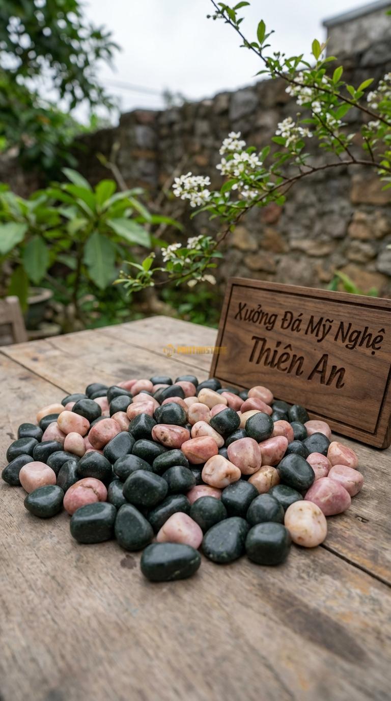 Sỏi Mix 2. Xanh rêu, Hồng quay Tỉ lệ (60, 40). Size 1-2cm