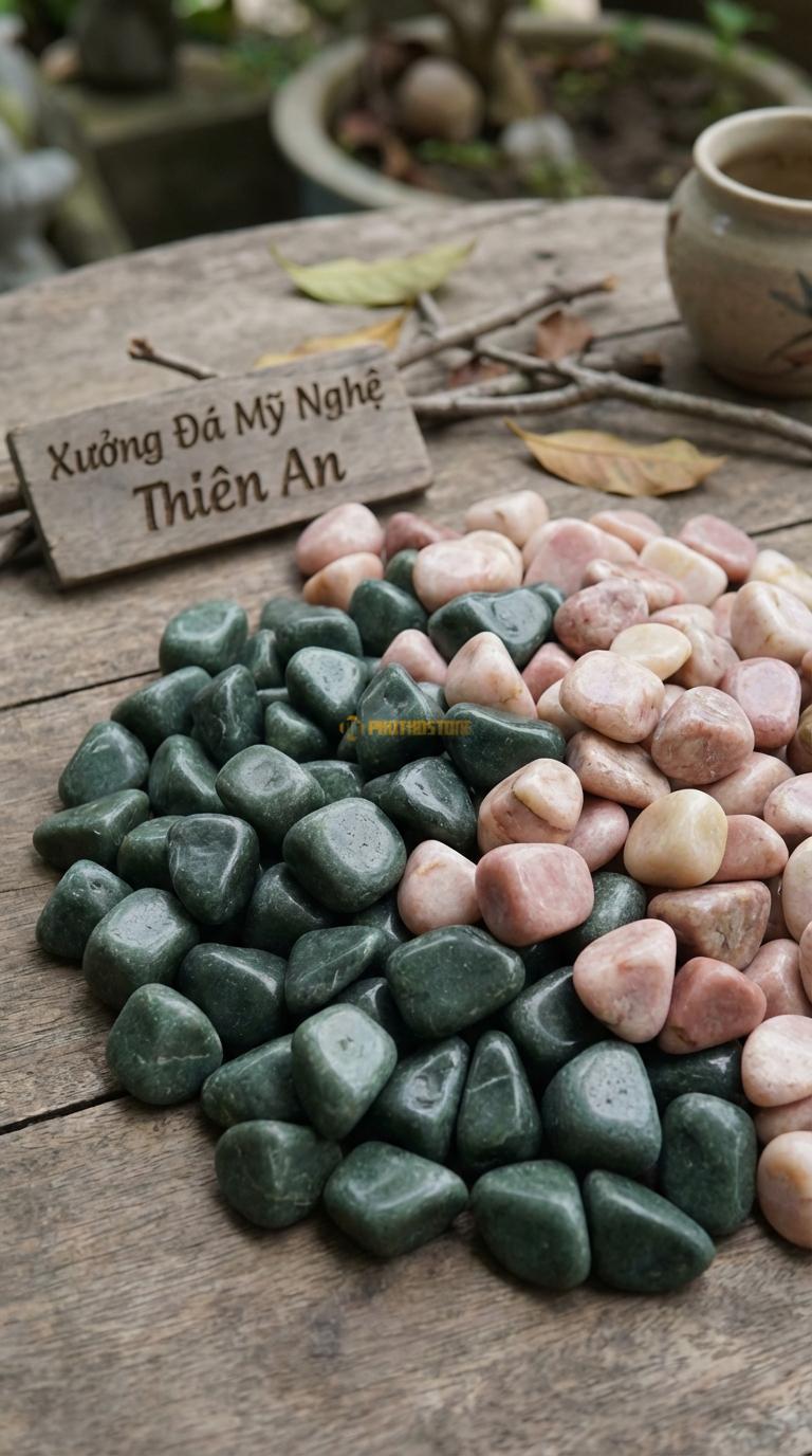 Sỏi Mix 2. Xanh rêu, Hồng quay Tỉ lệ (60, 40). Size 3-5cm