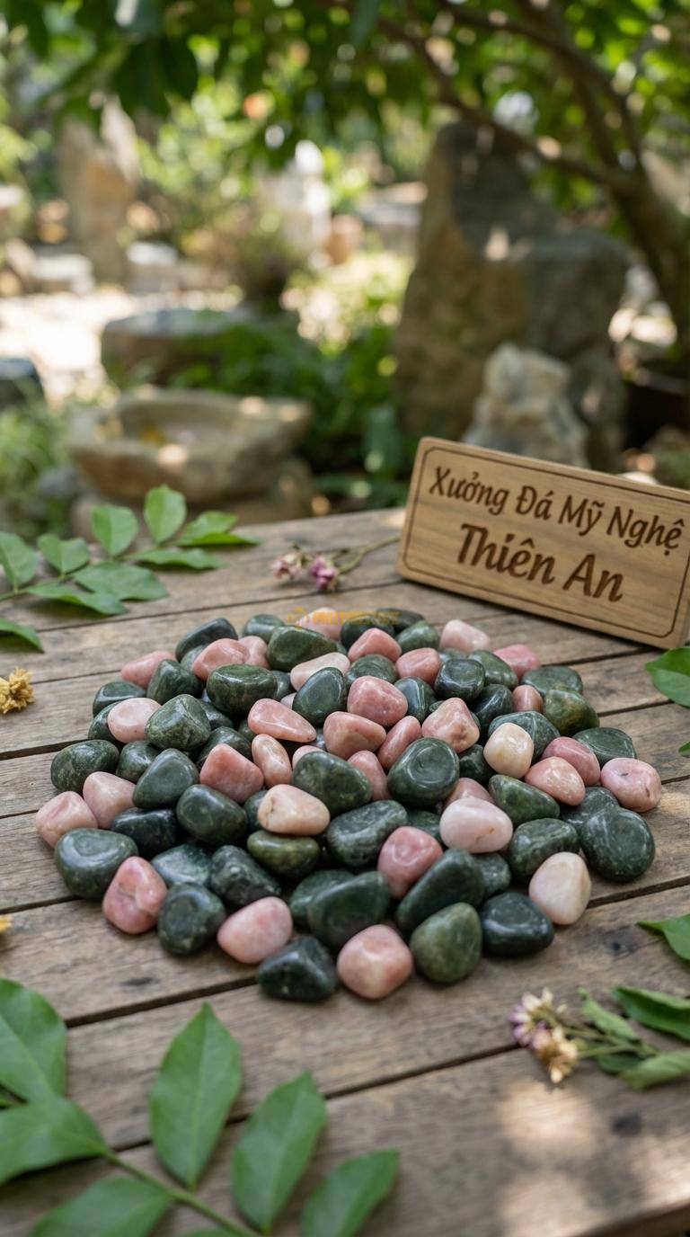 Sỏi Mix 2. Xanh rêu, Hồng quay Tỉ lệ (70, 30). Size 2-3cm
