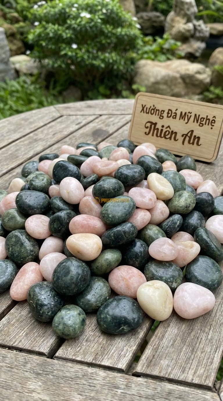 Sỏi Mix 2. Xanh rêu, Hồng quay Tỉ lệ (70, 30). Size 2-4cm