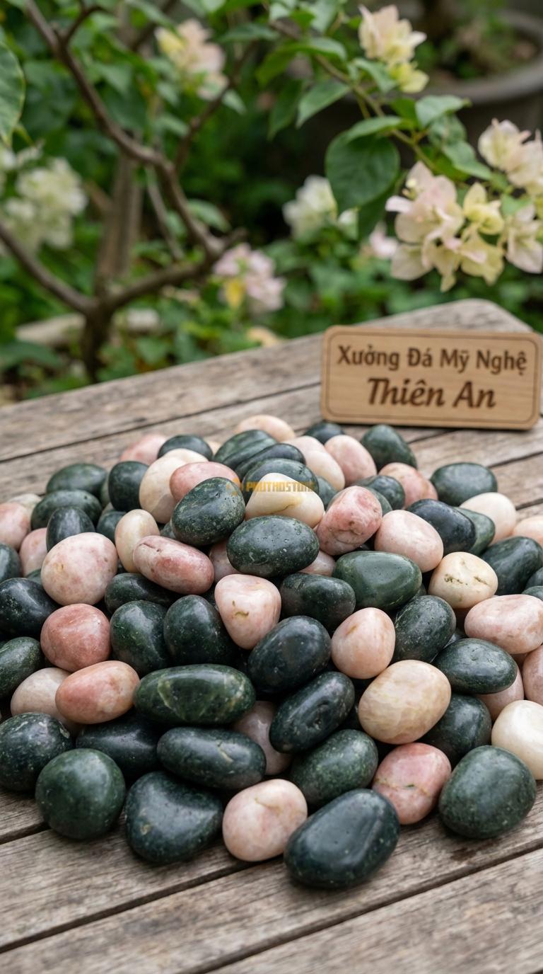 Sỏi Mix 2. Xanh rêu, Hồng quay Tỉ lệ (70, 30). Size 3-5cm