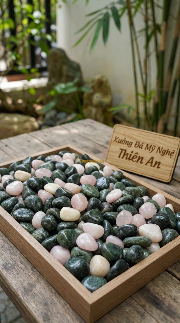 Sỏi Mix 2. Xanh rêu, Hồng quay Tỉ lệ (80, 20). Size 2-3cm