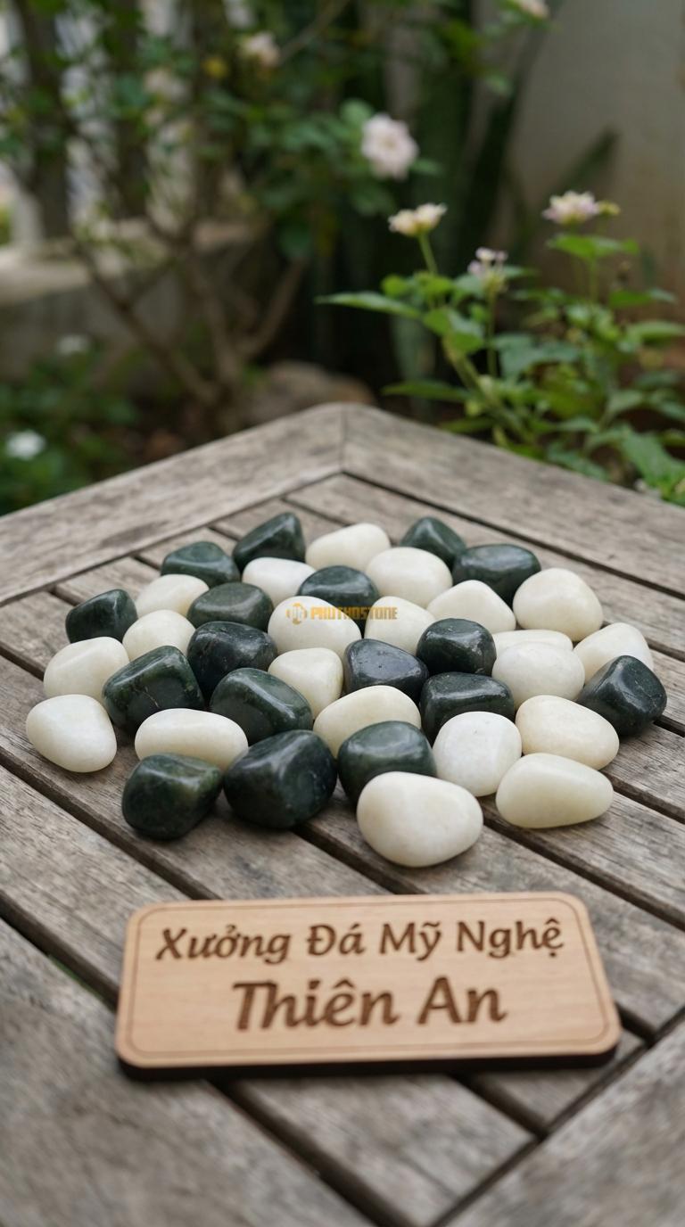 Sỏi Mix 2. Xanh rêu, Trắng quay Tỉ lệ (50, 50). Size 1-2cm