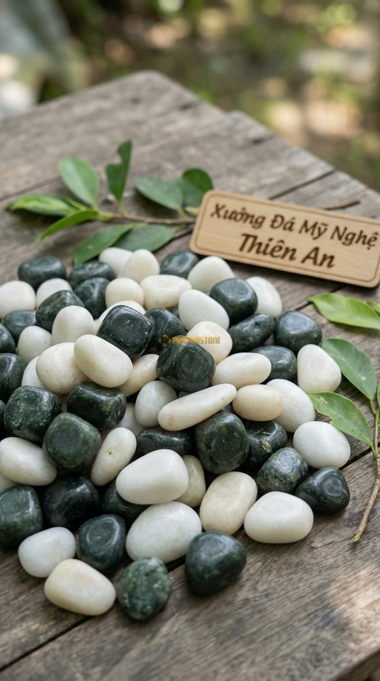 Sỏi Mix 2. Xanh rêu, Trắng quay Tỉ lệ (50, 50). Size 2-3cm