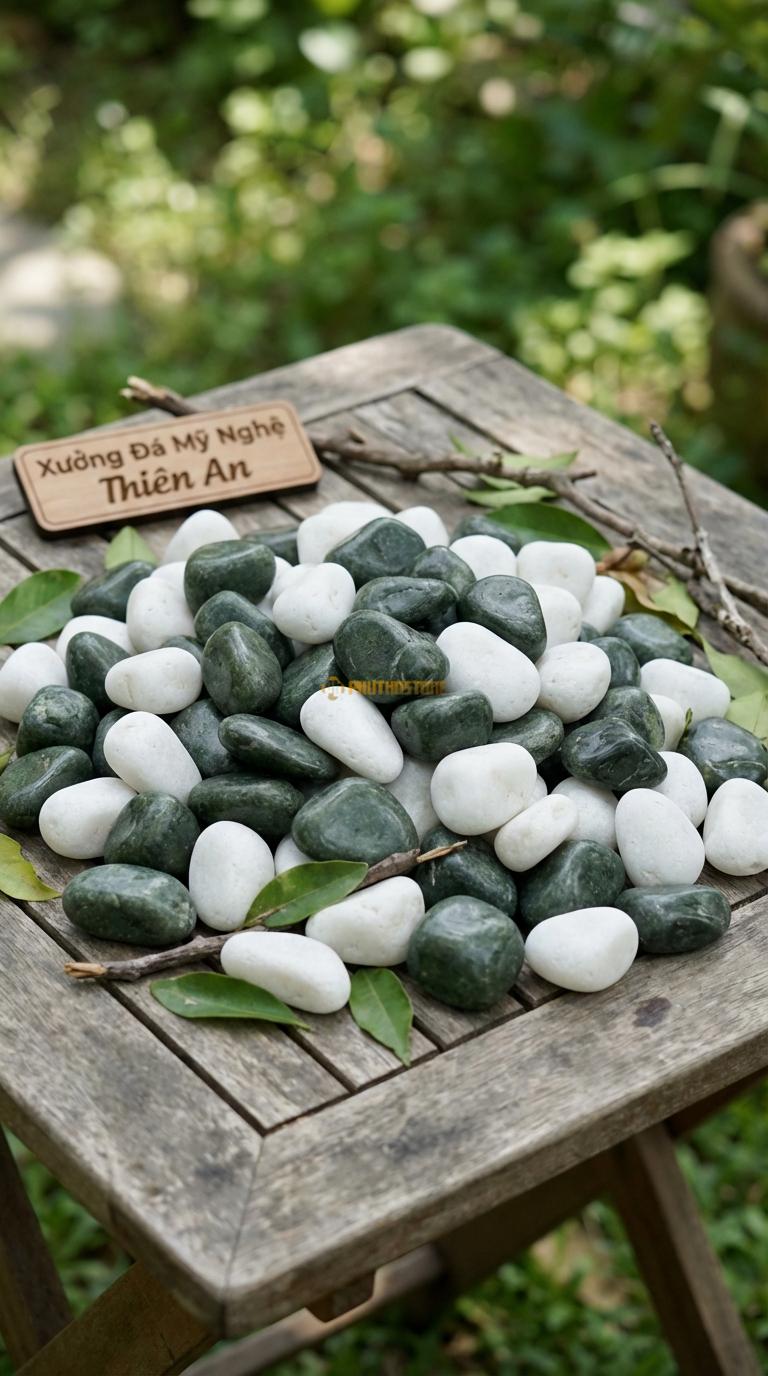 Sỏi Mix 2. Xanh rêu, Trắng quay Tỉ lệ (50, 50). Size 2-4cm