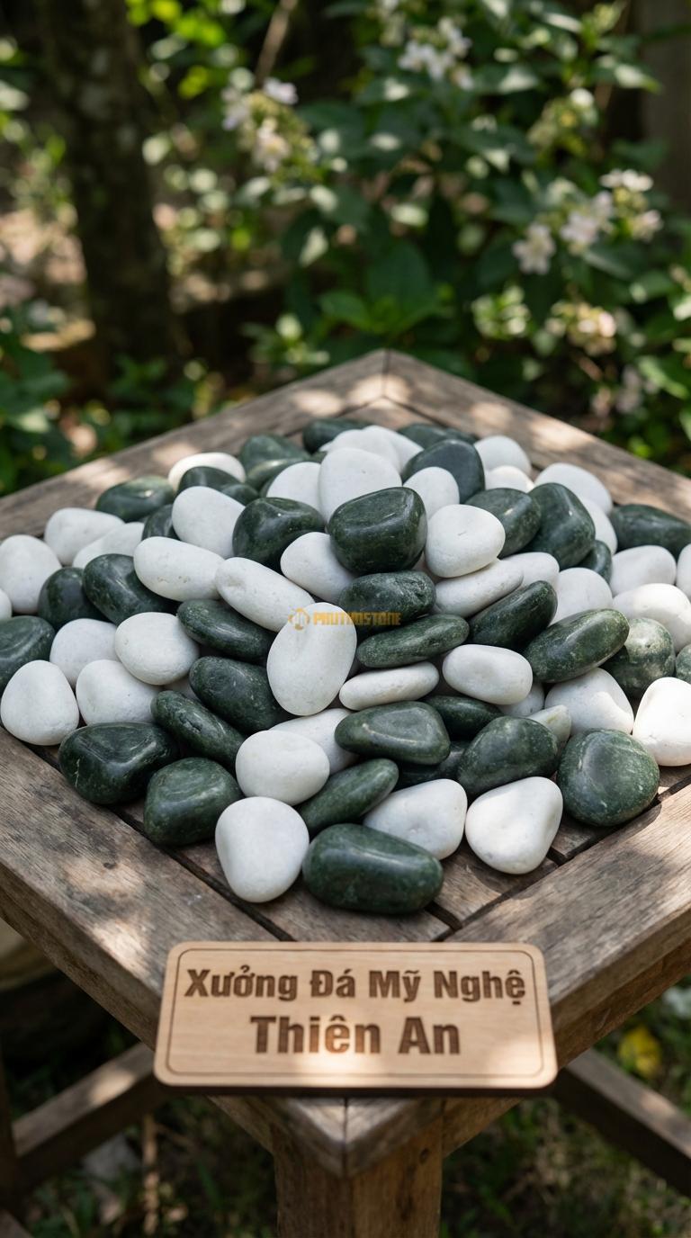 Sỏi Mix 2. Xanh rêu, Trắng quay Tỉ lệ (50, 50). Size 3-5cm