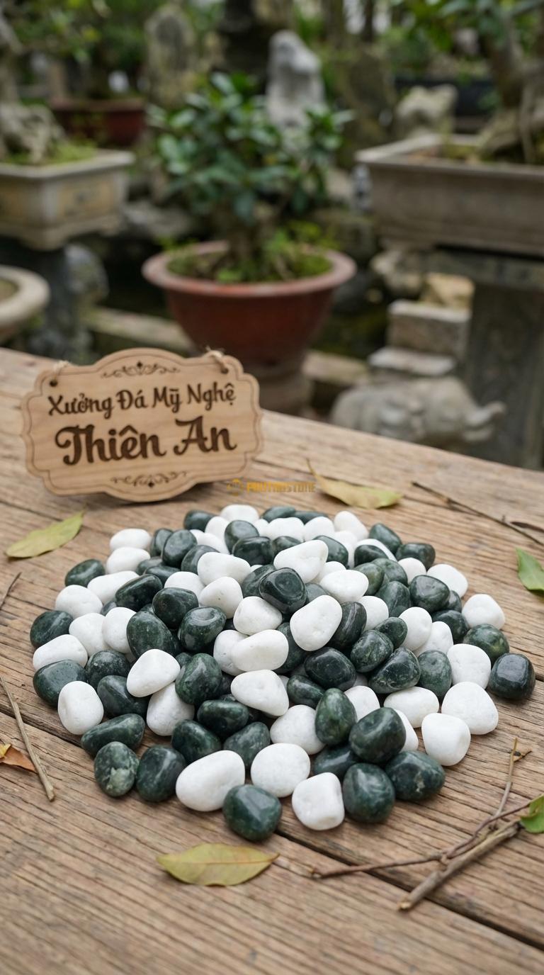 Sỏi Mix 2. Xanh rêu, Trắng quay Tỉ lệ (50, 50). Size 7-9mm