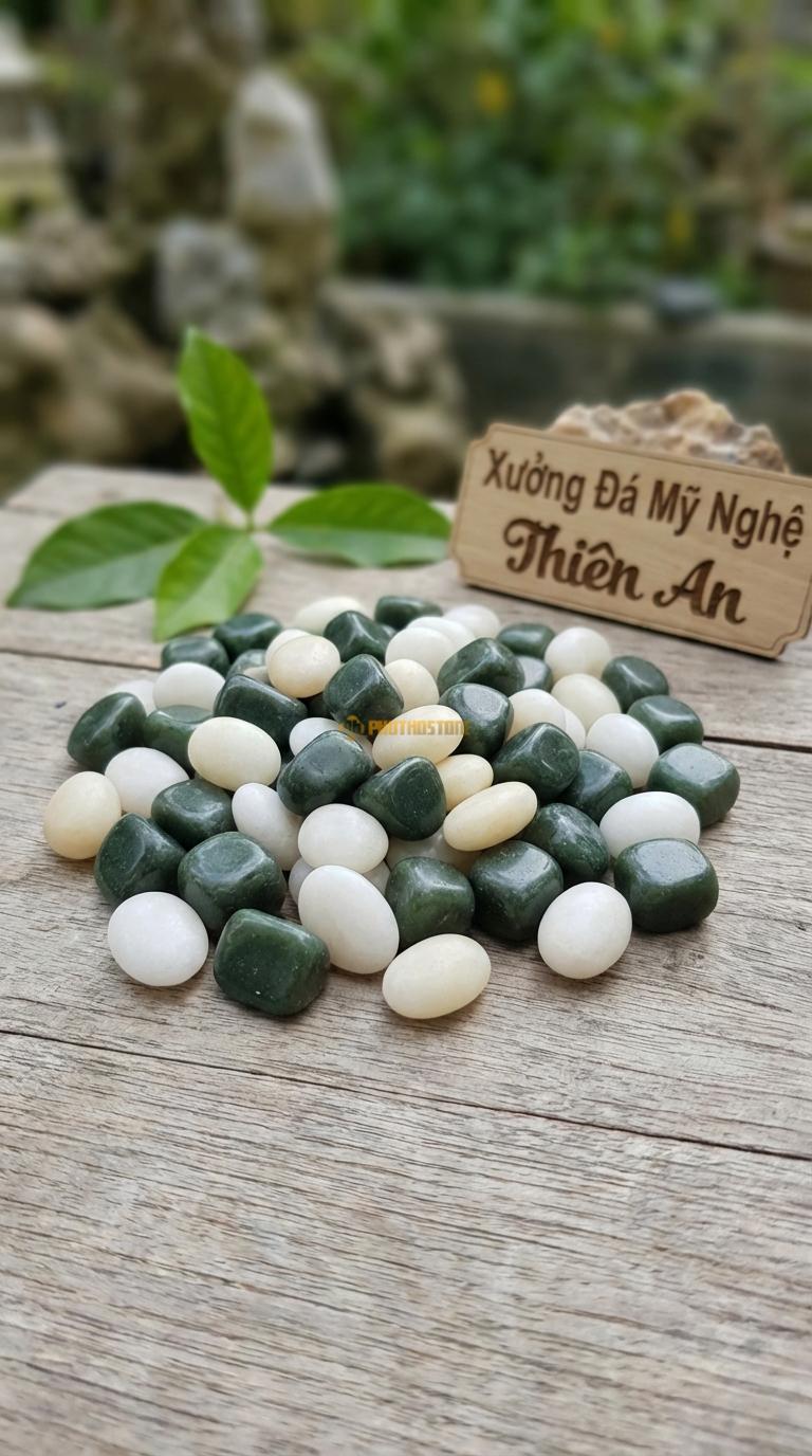 Sỏi Mix 2. Xanh rêu, Trắng quay Tỉ lệ (60, 40). Size 1-2cm